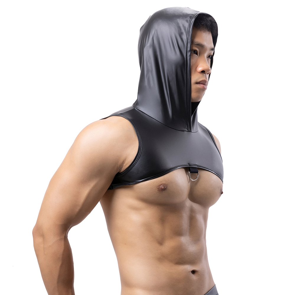 Gymnastic Ring - 男性フェイクレザーフード付きフィットネスタンクトップ胸ハーネスパーカークロップトップス黒筋肉ベスト金属リング装飾ノースリーブ